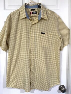 Men’s Chaps Easy Care Short Sleeve, Shirt Size XL/T, Yellow Check, Button Down
